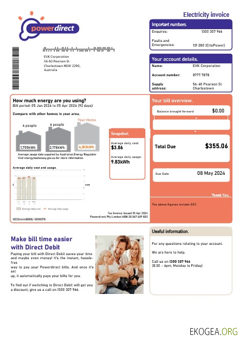 Modèle de facture de services publics d'électricité Powerdirect pour l'Australie au format Word et PDF